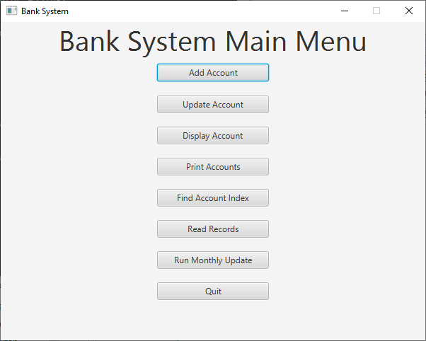 Bank System Main Menu